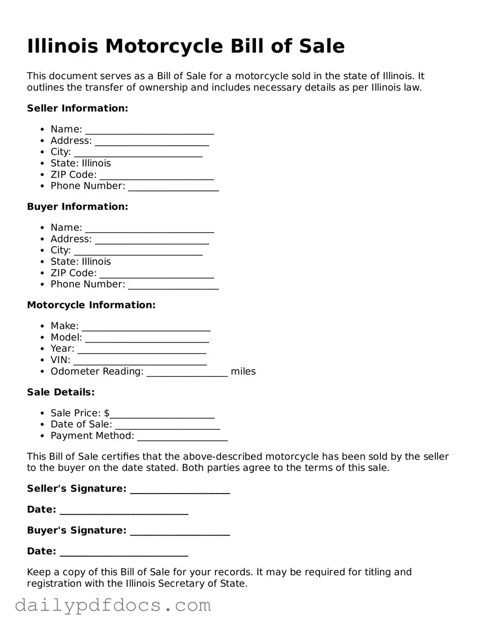 Printable  Motorcycle Bill of Sale Document for Illinois