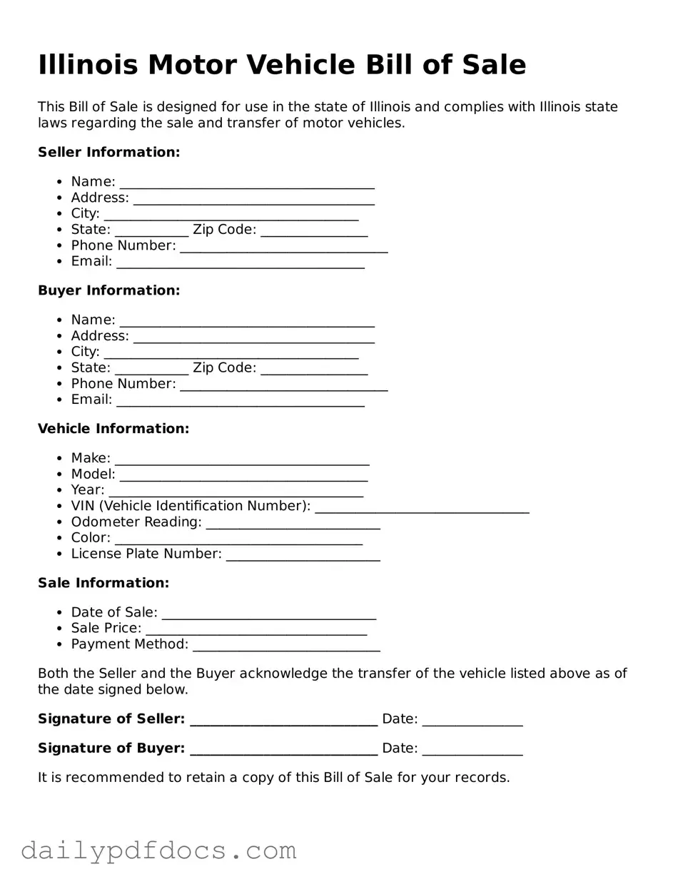 Printable  Motor Vehicle Bill of Sale Document for Illinois