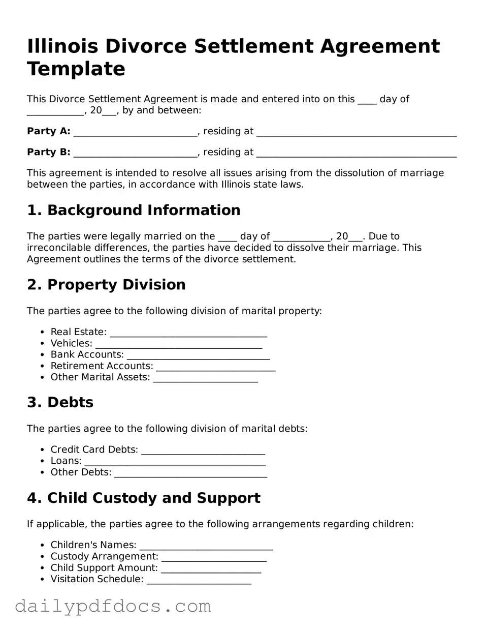 Printable  Divorce Settlement Agreement Document for Illinois