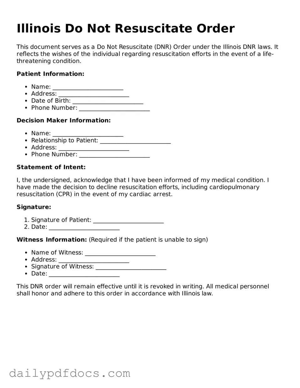 Printable  Do Not Resuscitate Order Document for Illinois