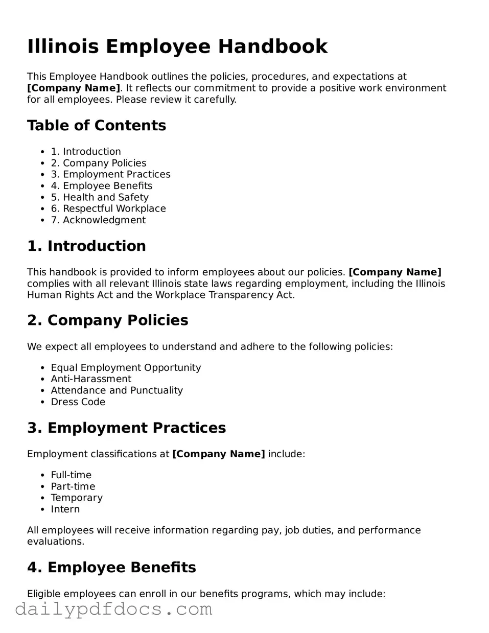 Printable  Employee Handbook Document for Illinois