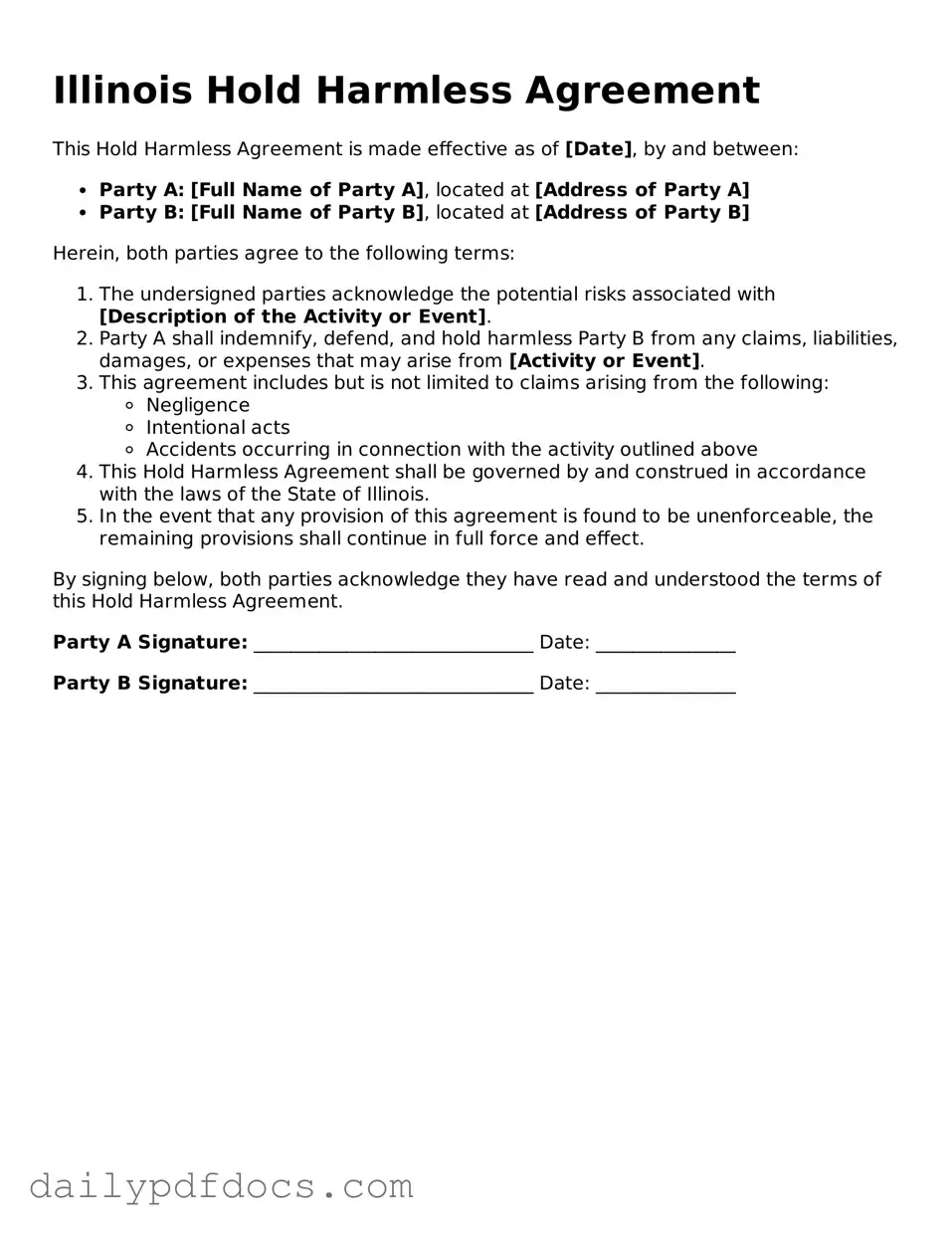 Printable  Hold Harmless Agreement Document for Illinois