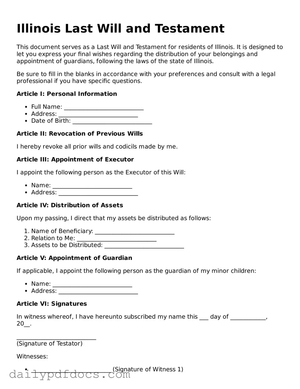 Printable  Last Will and Testament Document for Illinois