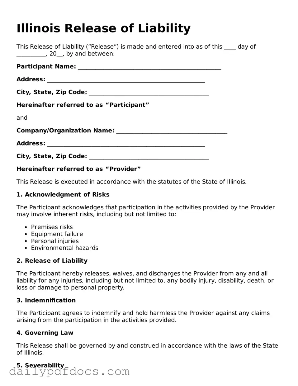 Printable  Release of Liability Document for Illinois