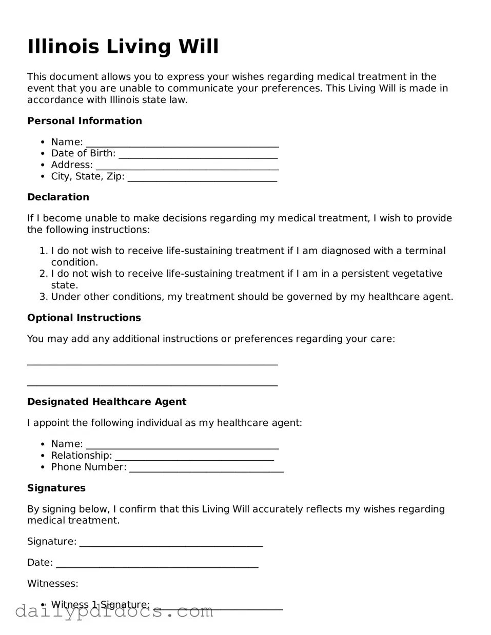 Printable  Living Will Document for Illinois