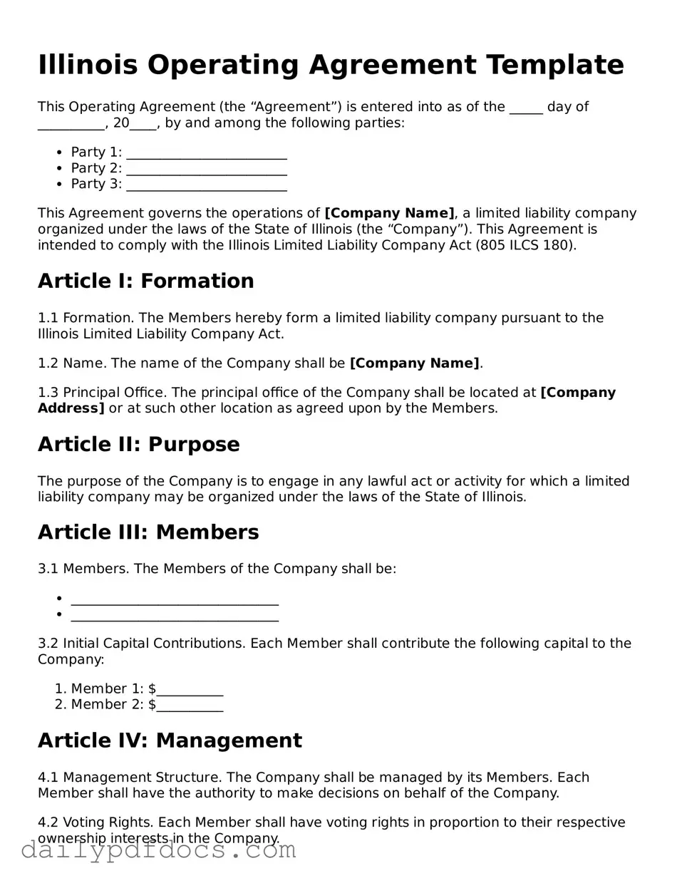 Printable  Operating Agreement Document for Illinois