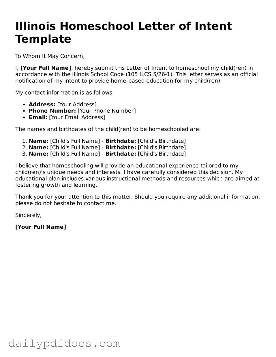 Printable  Homeschool Letter of Intent Document for Illinois