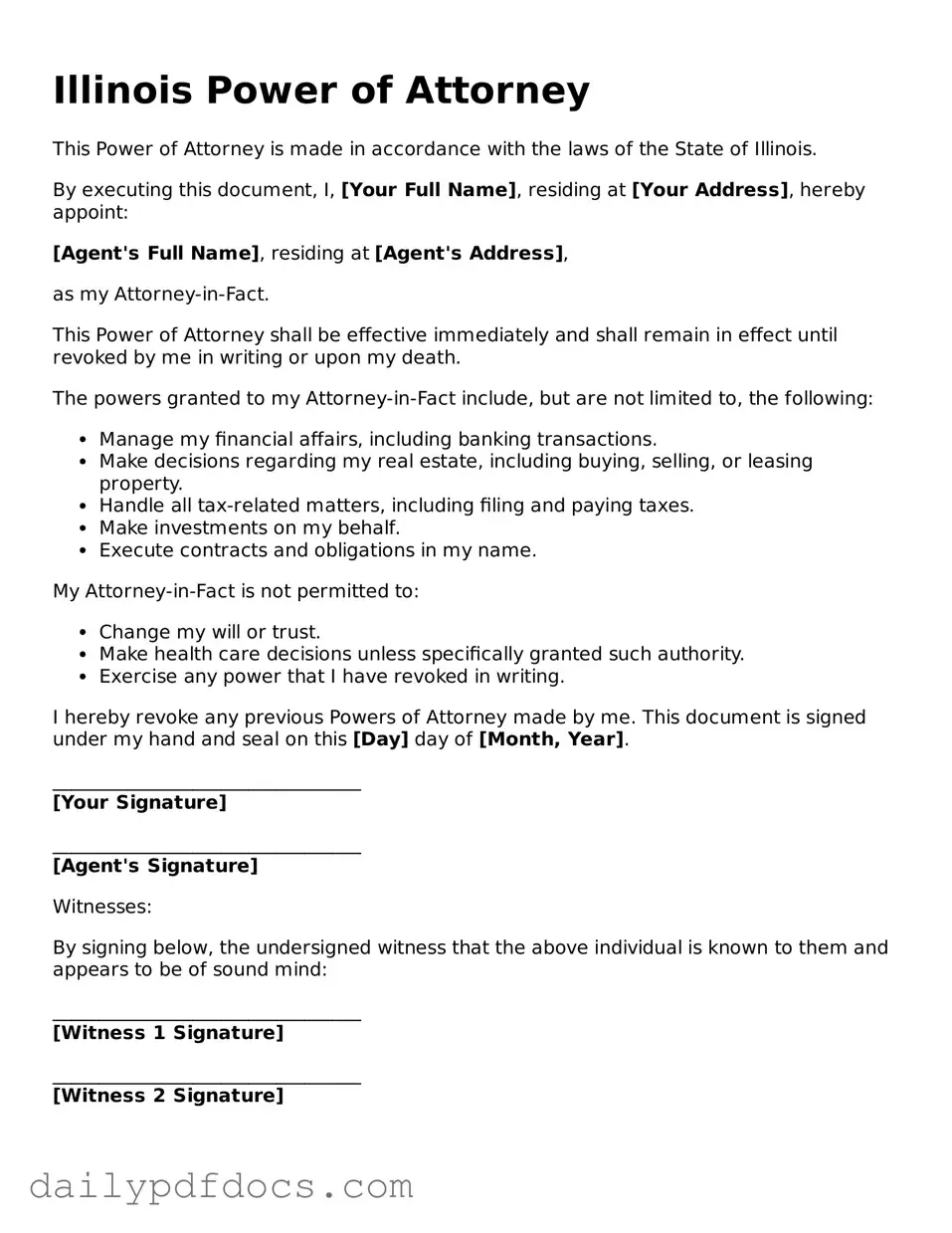 Printable  Power of Attorney Document for Illinois