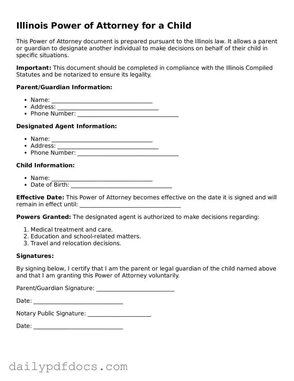 Printable  Power of Attorney for a Child Document for Illinois