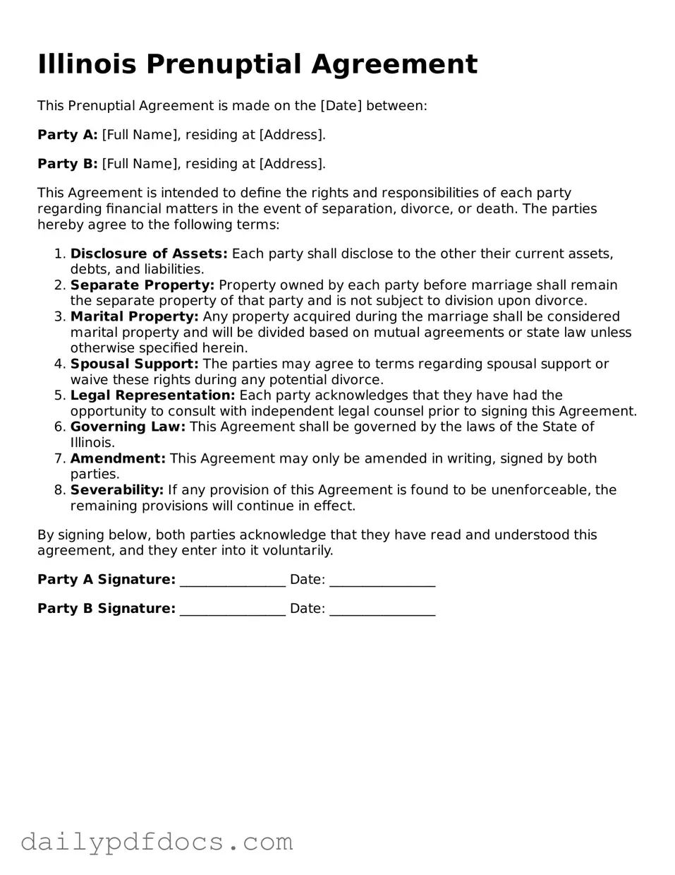 Printable  Prenuptial Agreement Document for Illinois