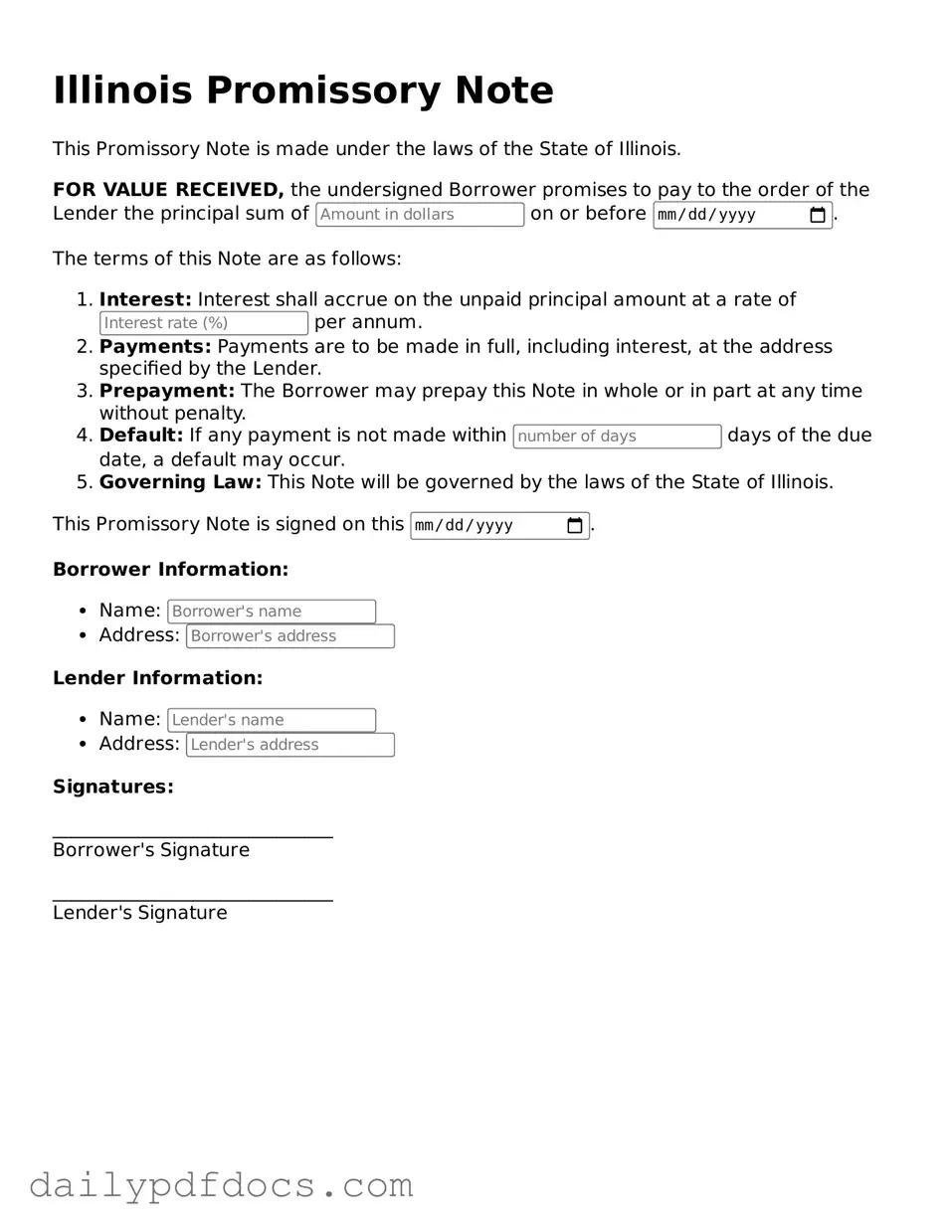 Printable Promissory Note Document for Illinois