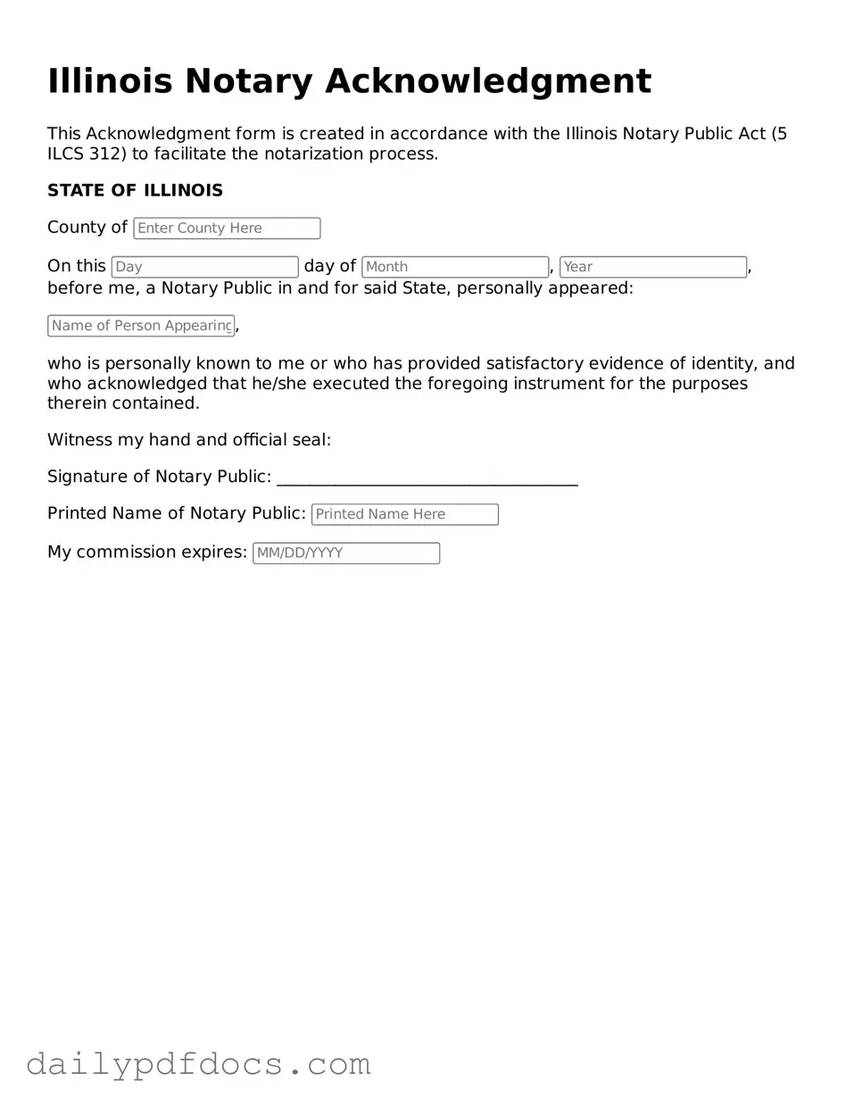 Printable  Notary Acknowledgement Document for Illinois
