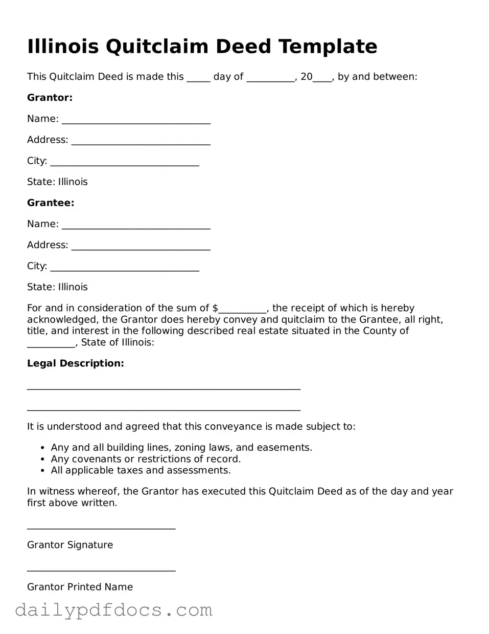 Printable  Quitclaim Deed Document for Illinois
