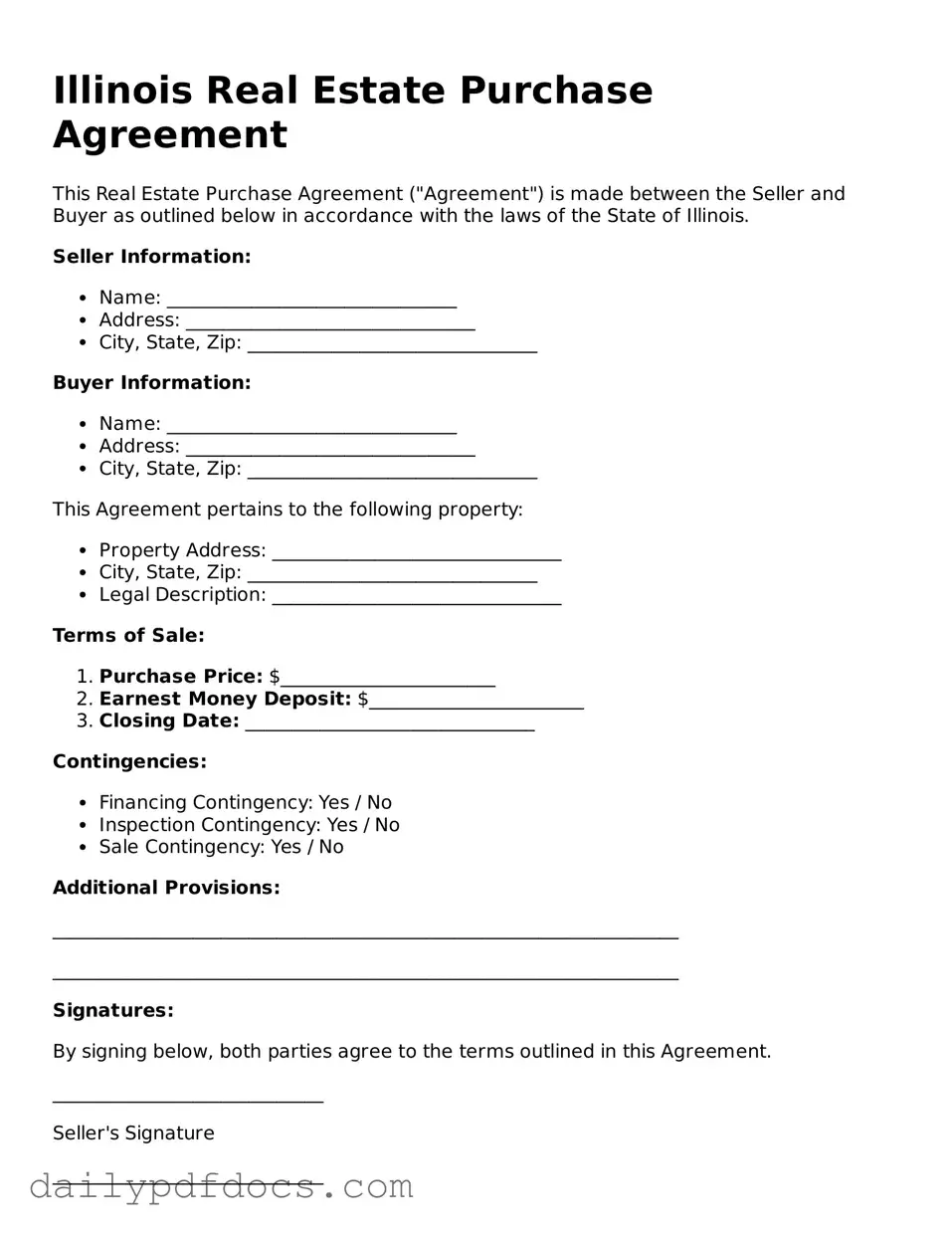 Printable  Real Estate Purchase Agreement Document for Illinois