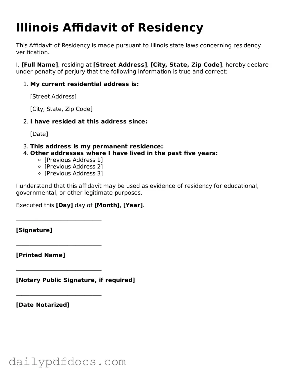 Printable Affidavit of Residency Document for Illinois