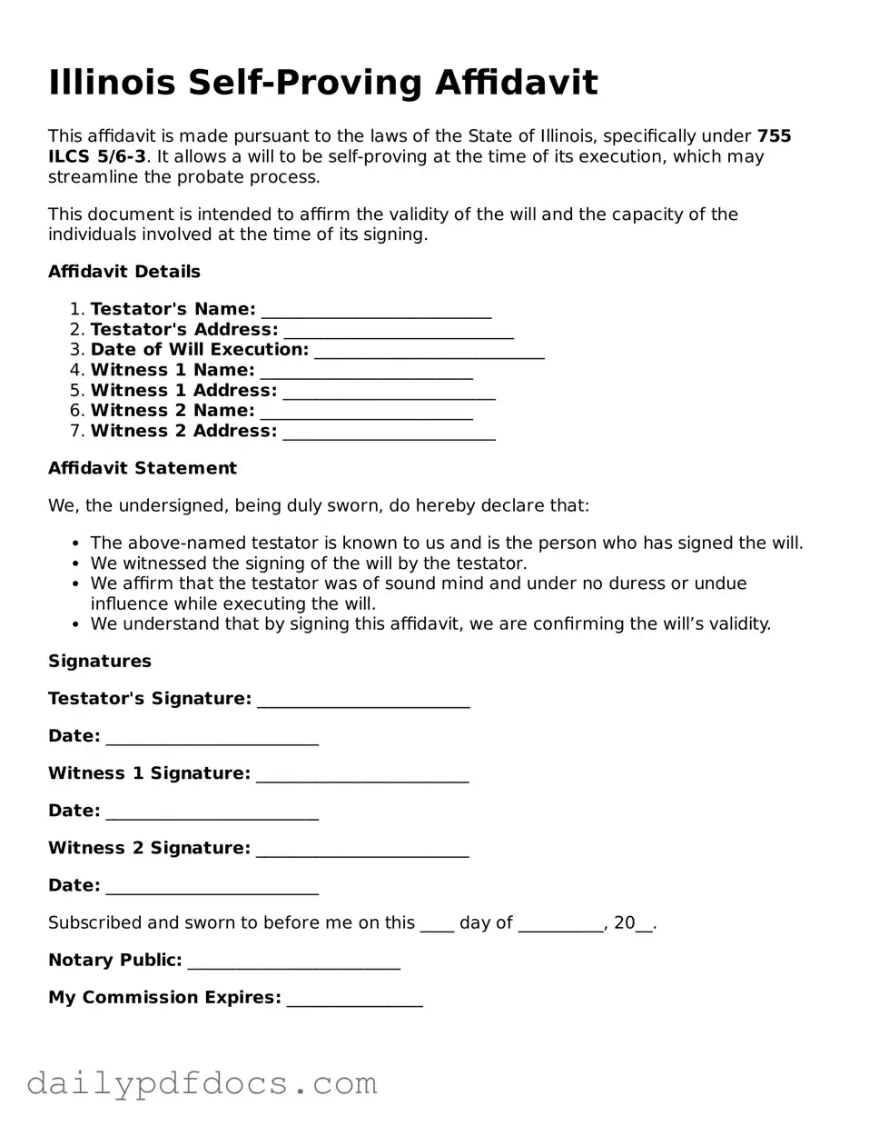 Printable  Self-Proving Affidavit Document for Illinois