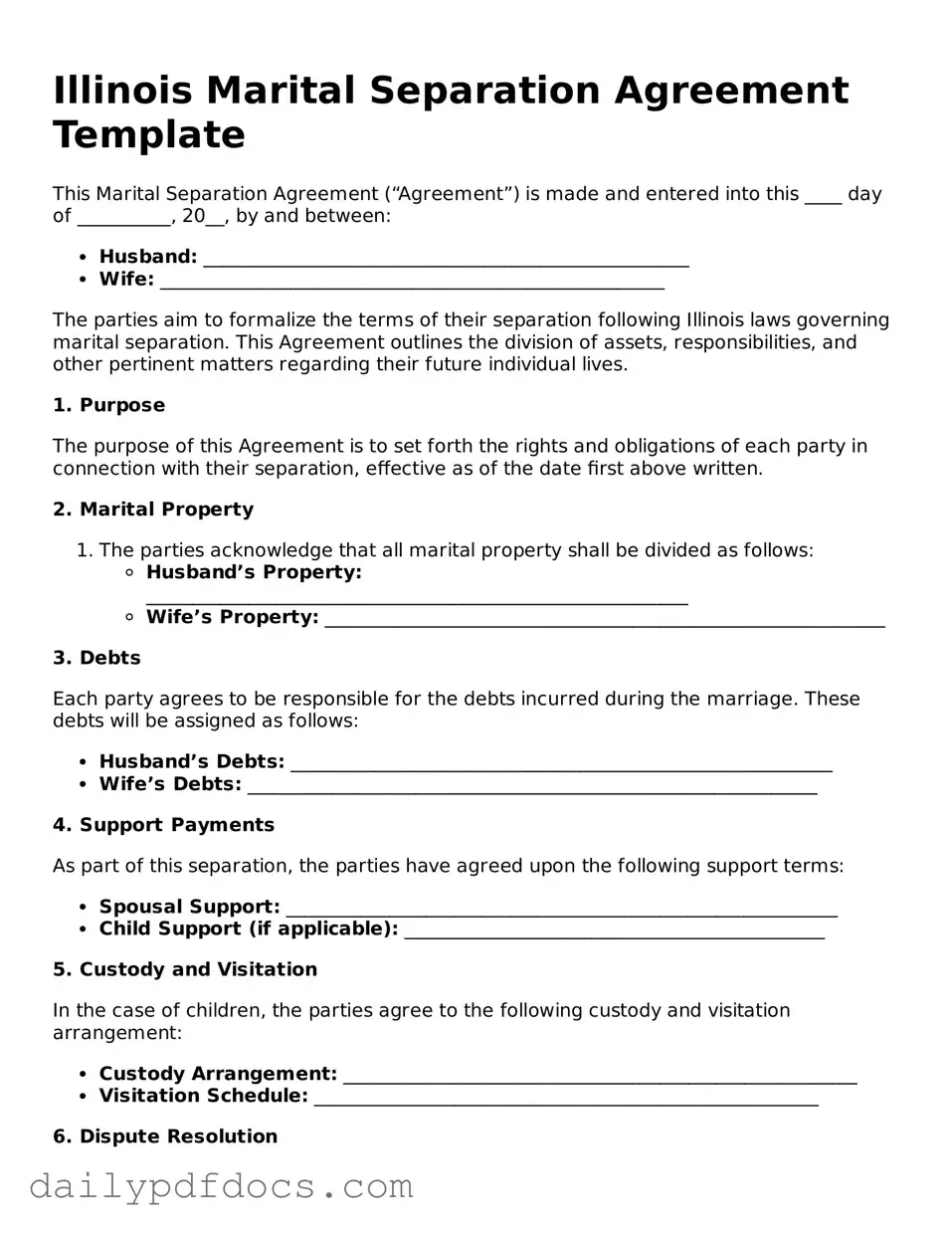 Printable  Marital Separation Agreement Document for Illinois