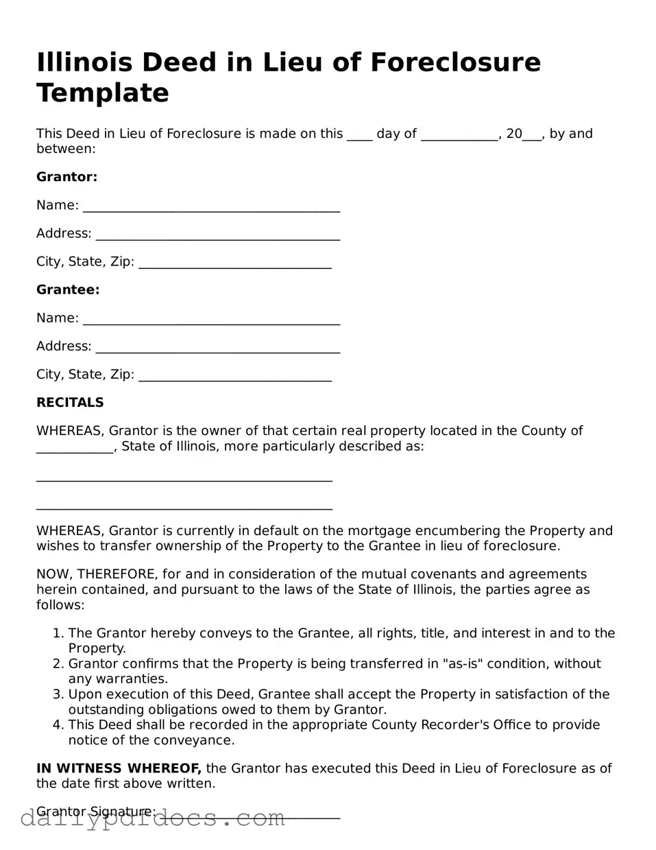 Printable  Deed in Lieu of Foreclosure Document for Illinois