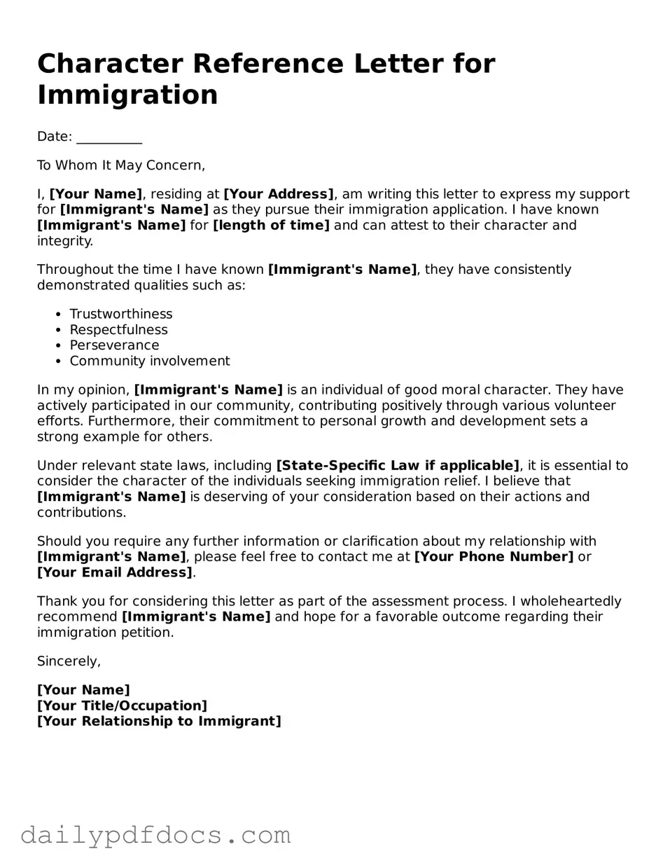 Free Character Reference Letter for Immigration Template