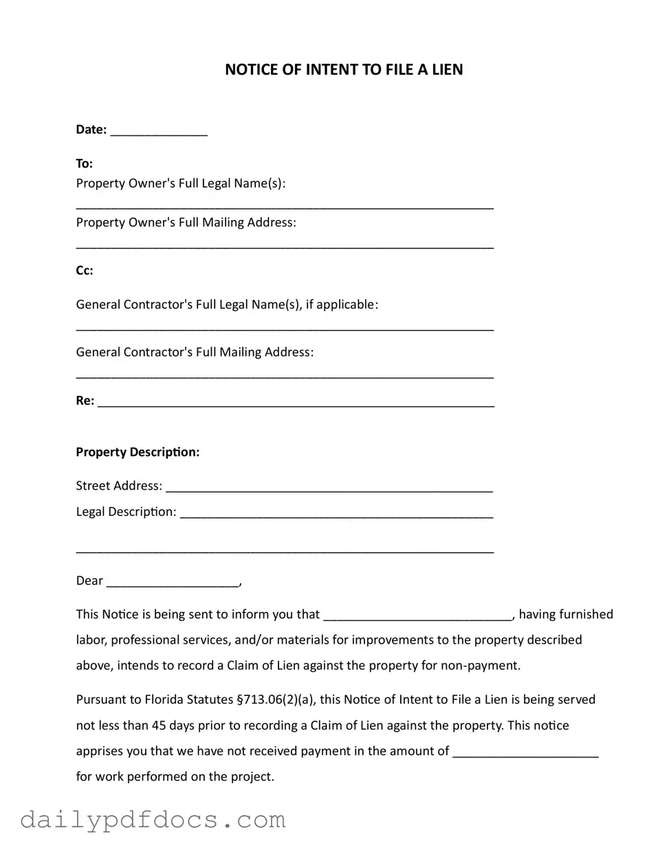 Fill Your Intent To Lien Florida Form