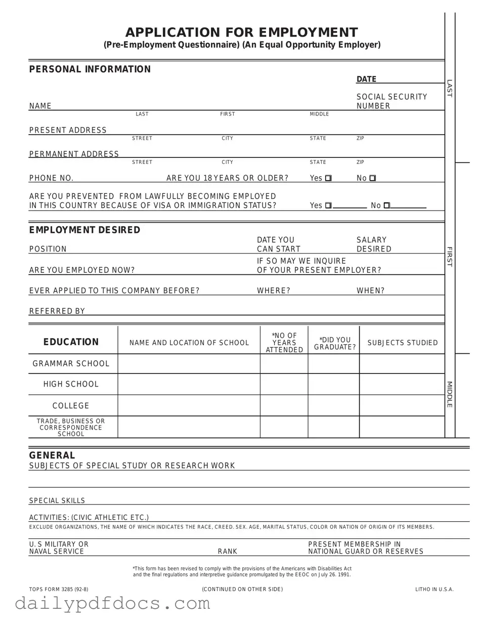 Fill Your Employment Application Pdf Form