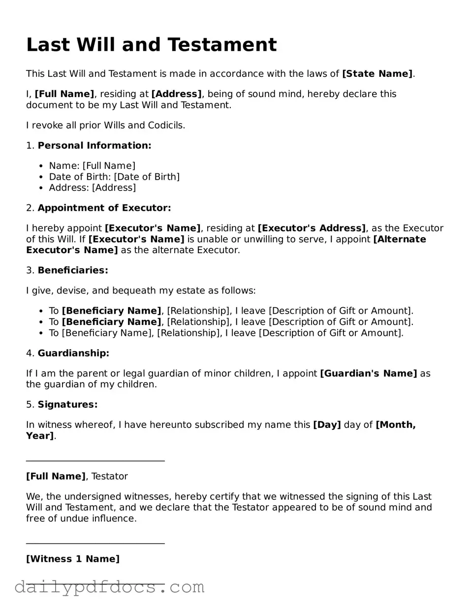 Free Last Will and Testament Template