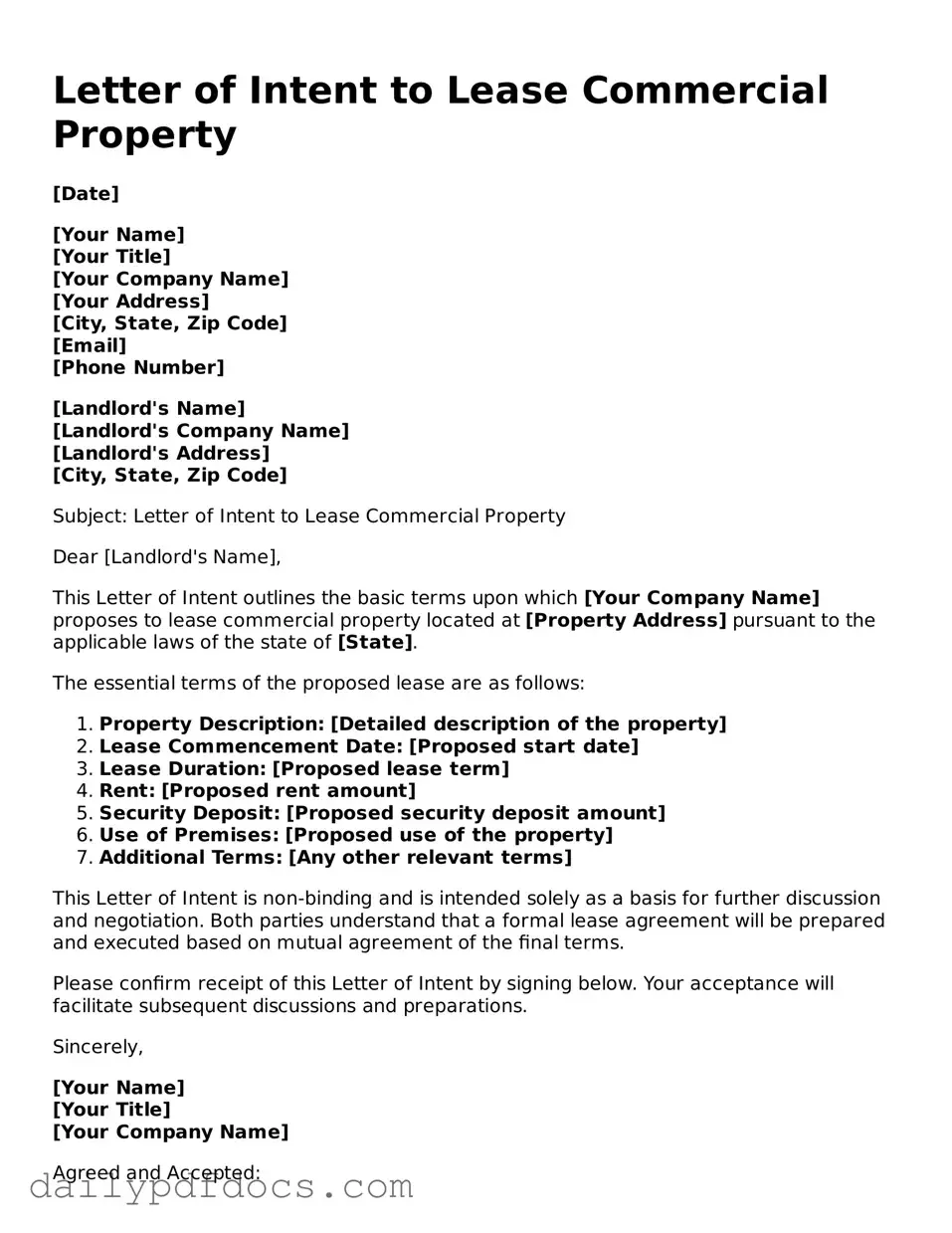 Free Letter of Intent to Lease Commercial Property Template