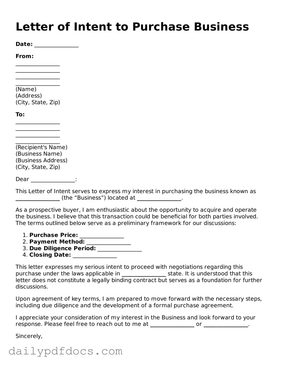 Free Letter of Intent to Purchase Business Template