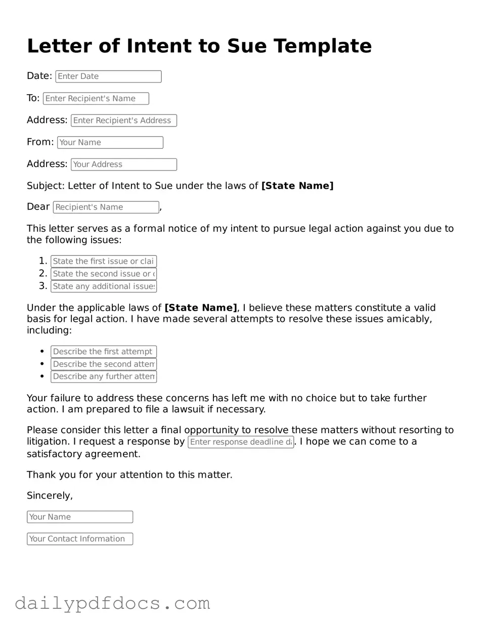 Free Letter of Intent to Sue Template