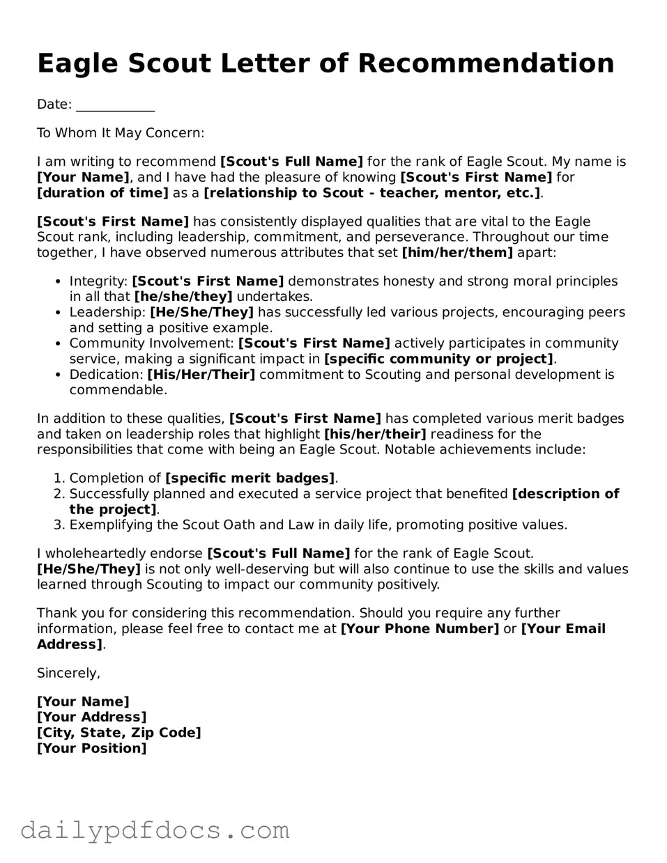 Free Eagle Scout Letter of Recommendation Template