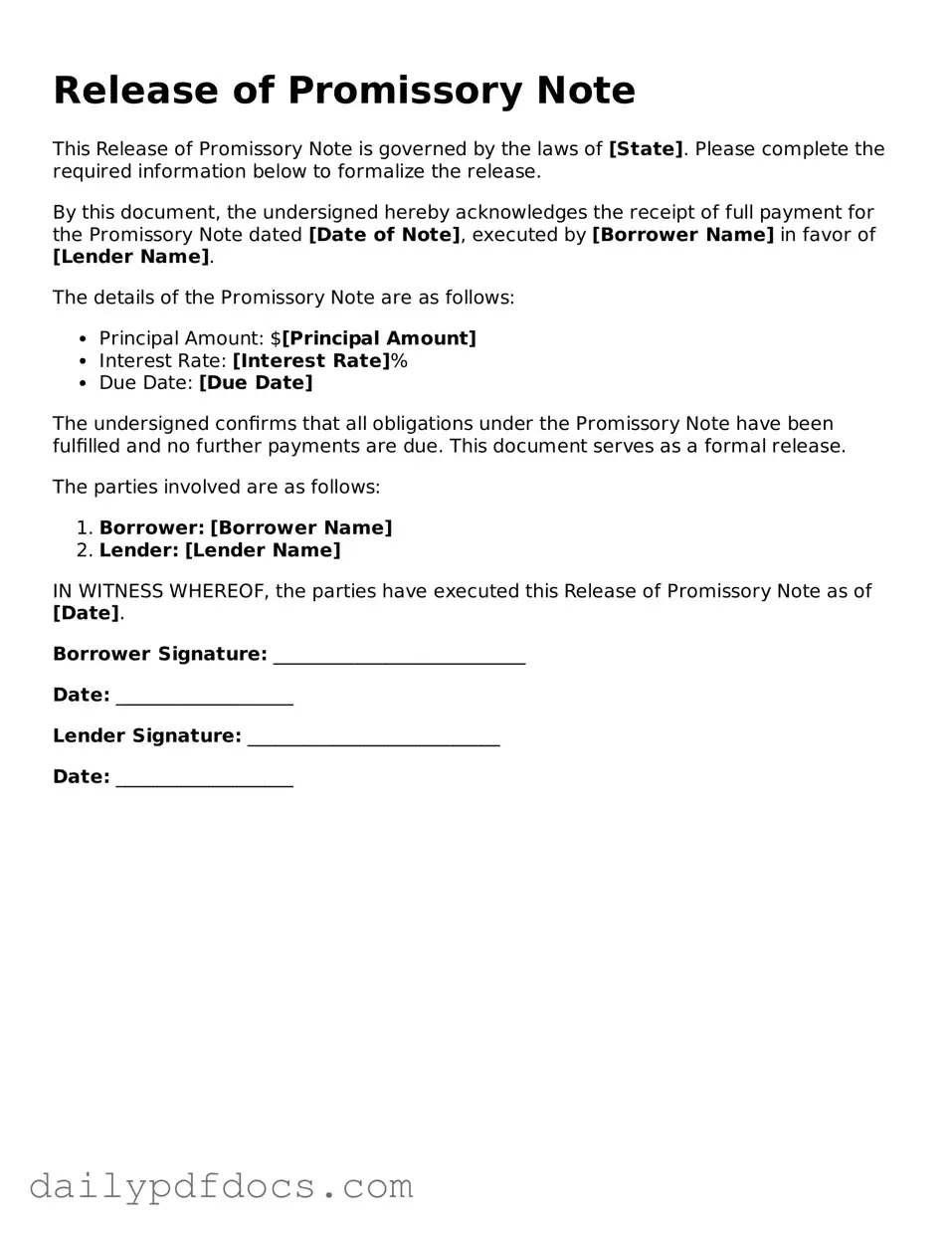 Free Release of Promissory Note Template