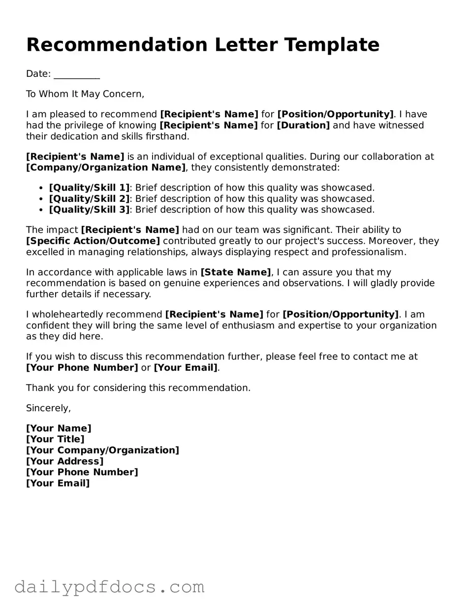Free Recommendation Letter Template