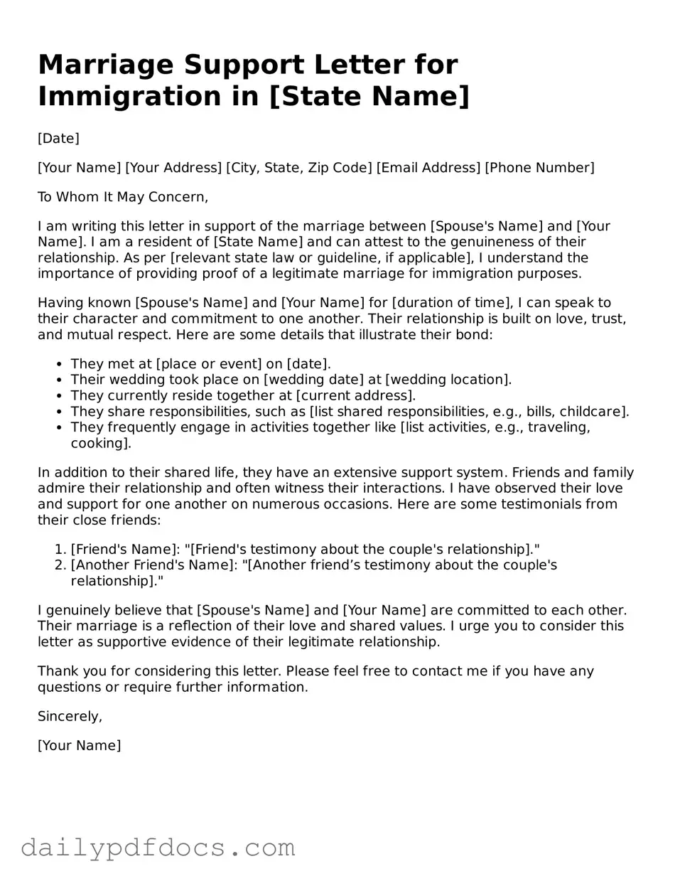 Free Marriage Support Letter for Immigration Template