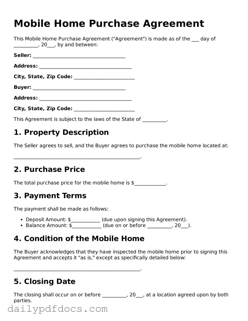 Free Mobile Home Purchase Agreement Template