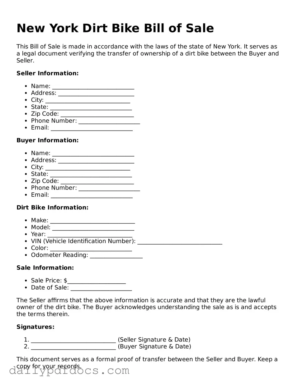 Printable  Dirt Bike Bill of Sale Document for New York