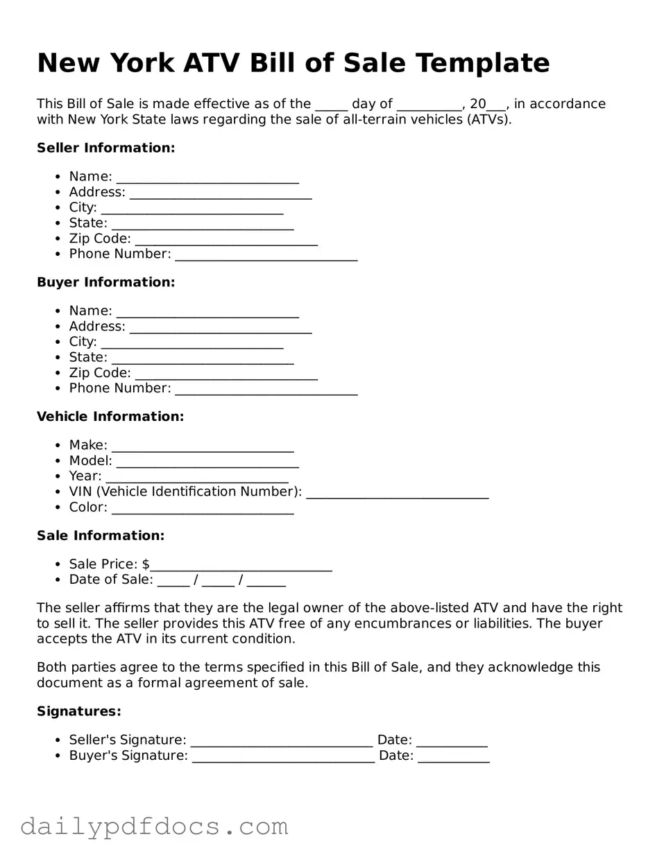 Printable  ATV Bill of Sale Document for New York