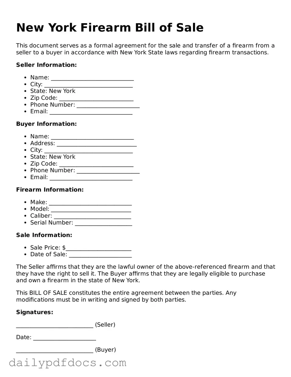 Printable  Firearm Bill of Sale Document for New York