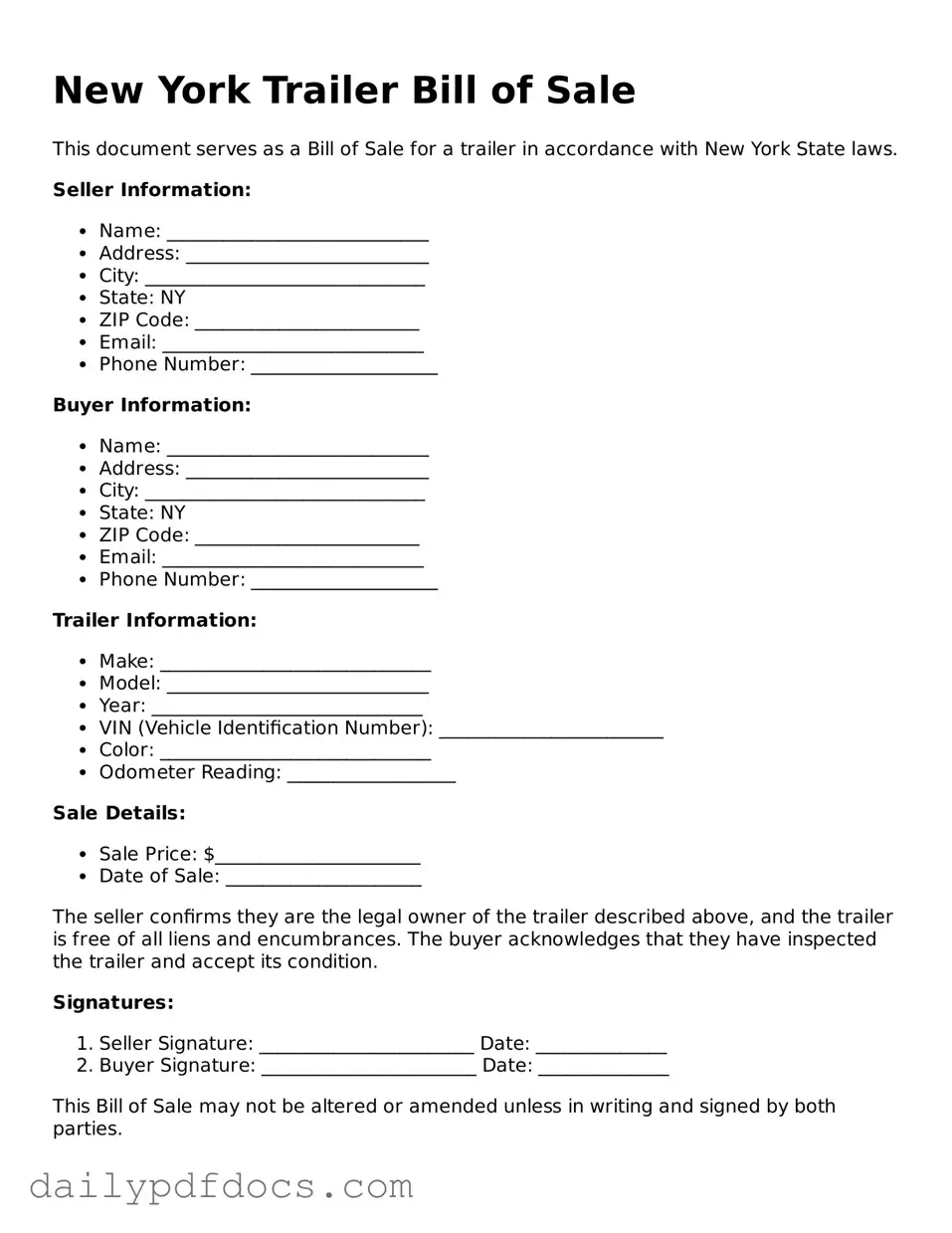 Printable  Trailer Bill of Sale Document for New York