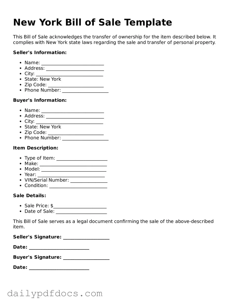 Printable  Bill of Sale Document for New York