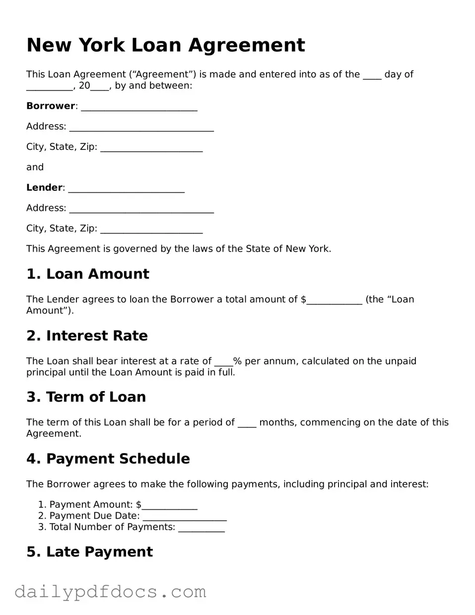 Printable  Loan Agreement Document for New York