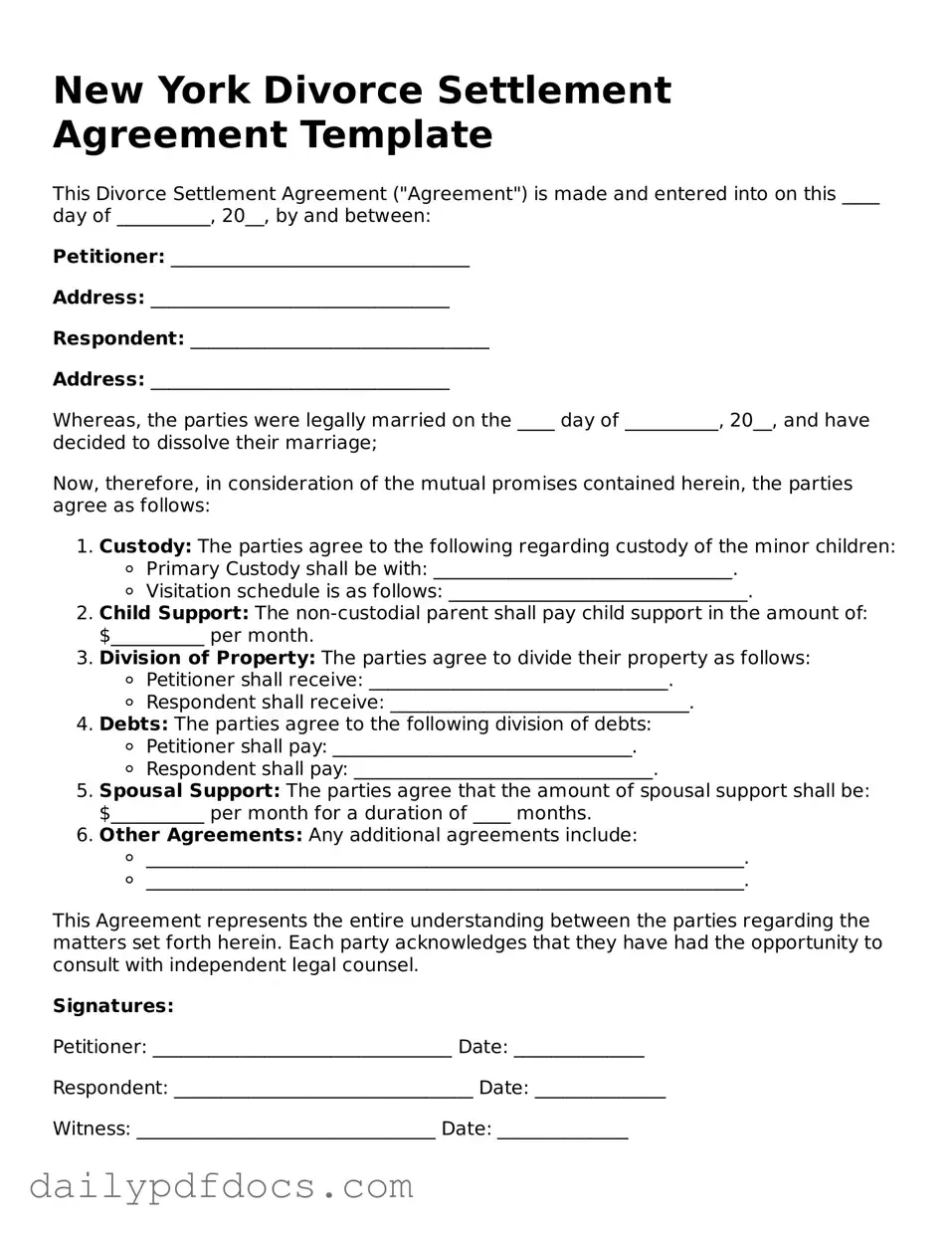 Printable  Divorce Settlement Agreement Document for New York