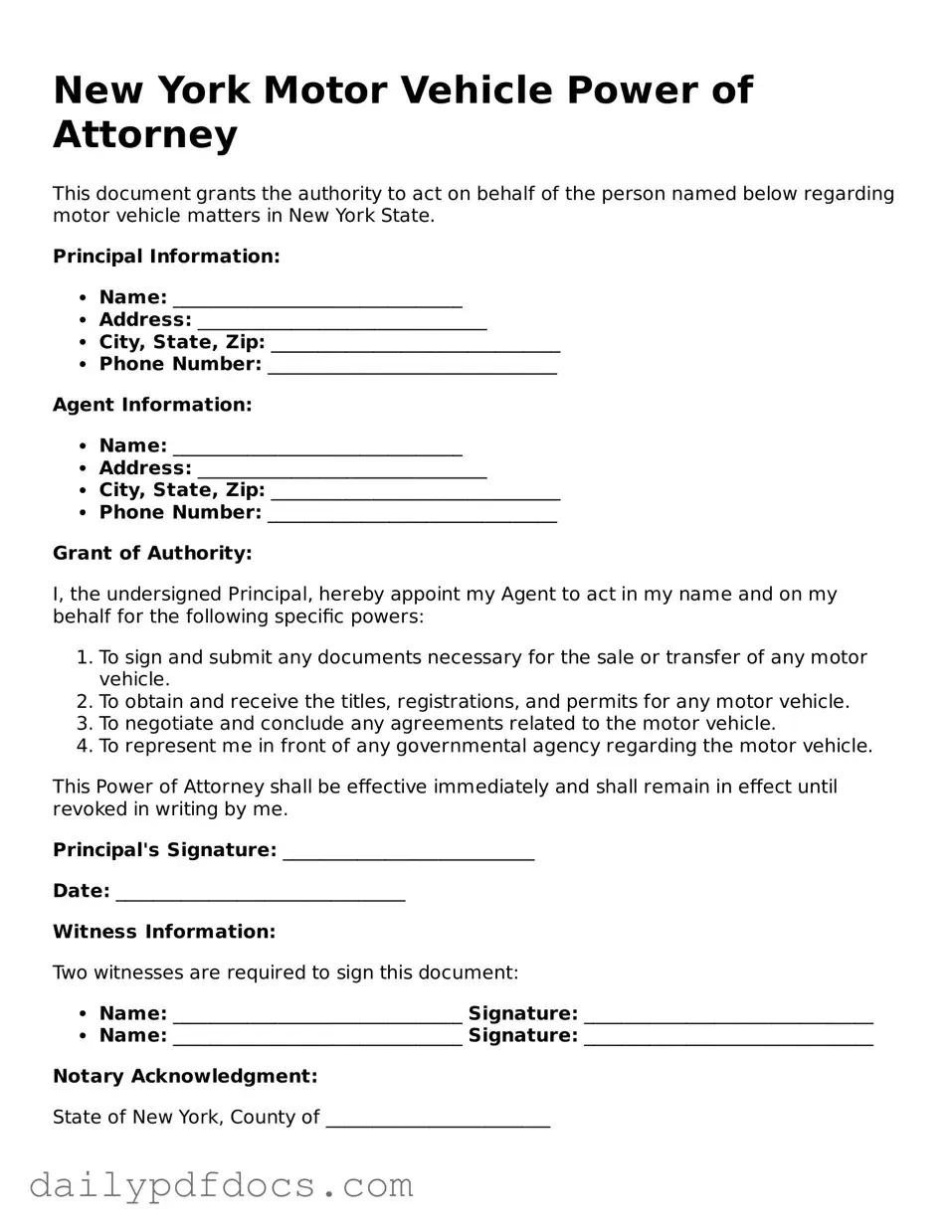 Printable  Motor Vehicle Power of Attorney Document for New York