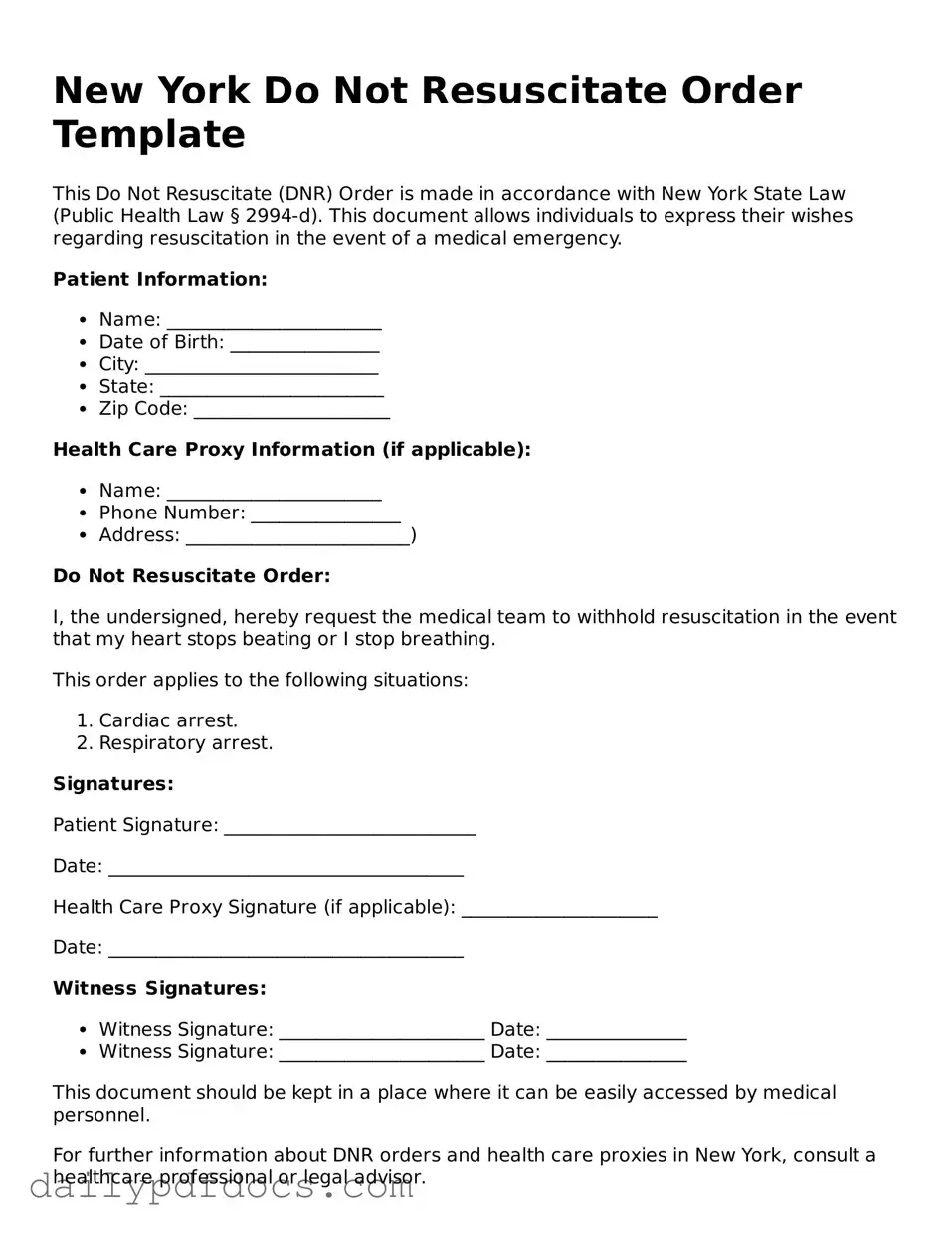 Printable  Do Not Resuscitate Order Document for New York