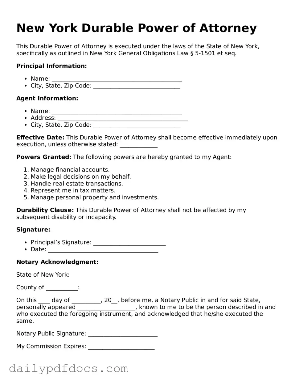 Printable  Durable Power of Attorney Document for New York