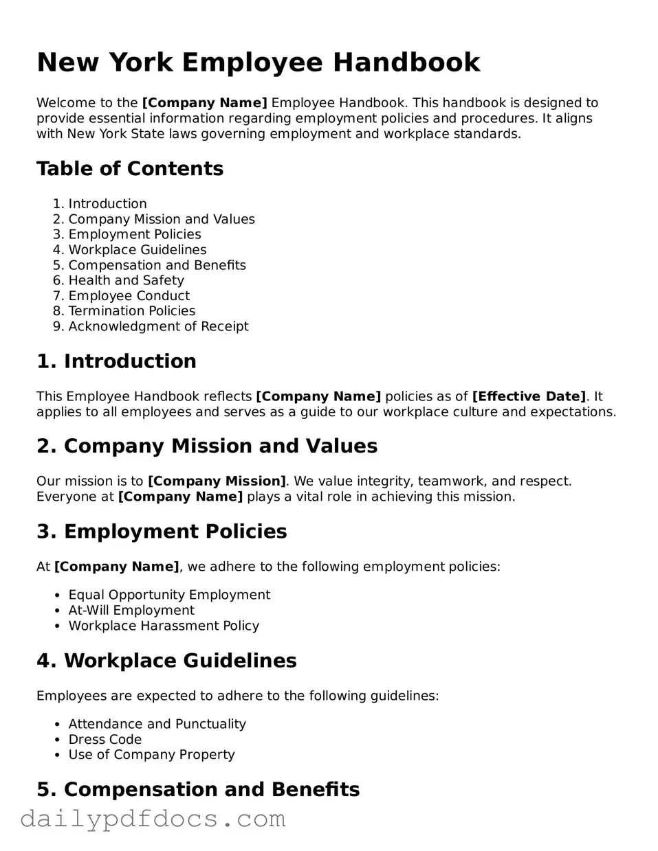 Printable  Employee Handbook Document for New York