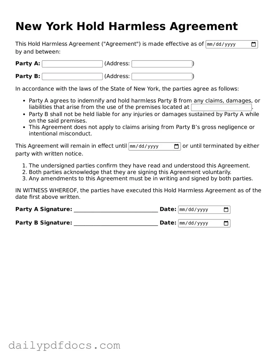 Printable  Hold Harmless Agreement Document for New York