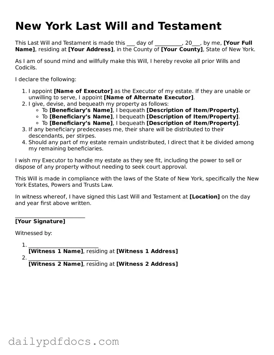 Printable  Last Will and Testament Document for New York