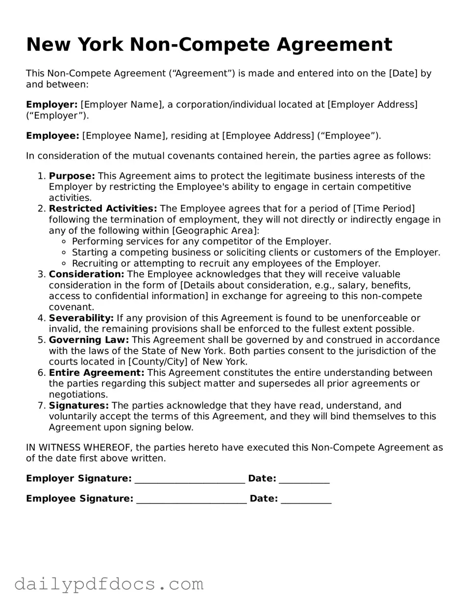 Printable  Non-compete Agreement Document for New York