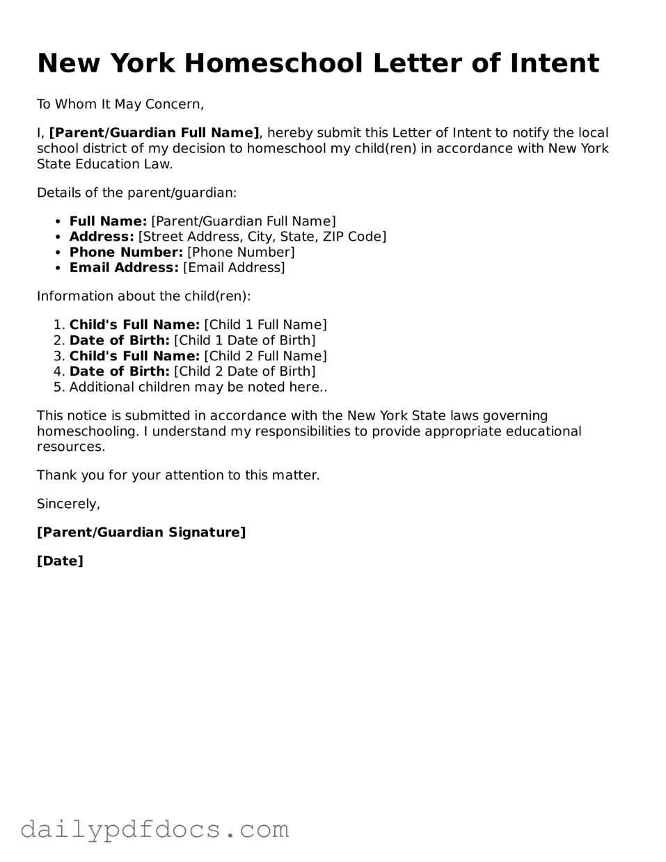 Printable Homeschool Letter of Intent Document for New York