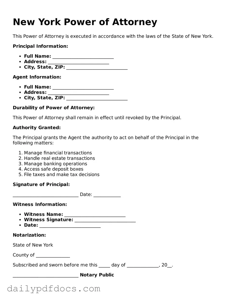 Printable  Power of Attorney Document for New York